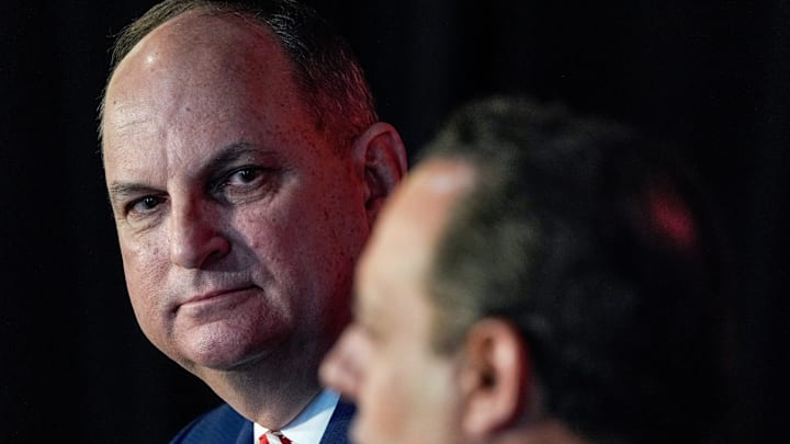 Oklahoma Athletic Director Joe Castiglione speaks during a press conference announcing his retirement at Gaylord Family Oklahoma Memorial Stadium in Norman, Okla., on Tuesday, July 8, 2025.