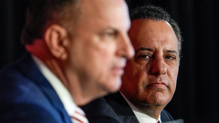 University of Oklahoma President Joseph Harroz, Jr. (right) and outgoing OU athletic director Joe Castiglione. 
