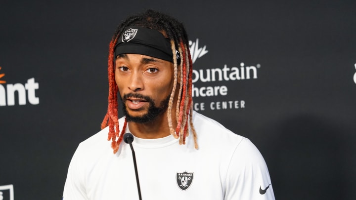 Jul 28, 2022; Las Vegas, Nevada, US; Las Vegas Raiders cornerback Anthony Averett (29) answers questions to the media during training camp at Intermountain Healthcare Performance Center.  Mandatory Credit: Lucas Peltier-USA TODAY Sports