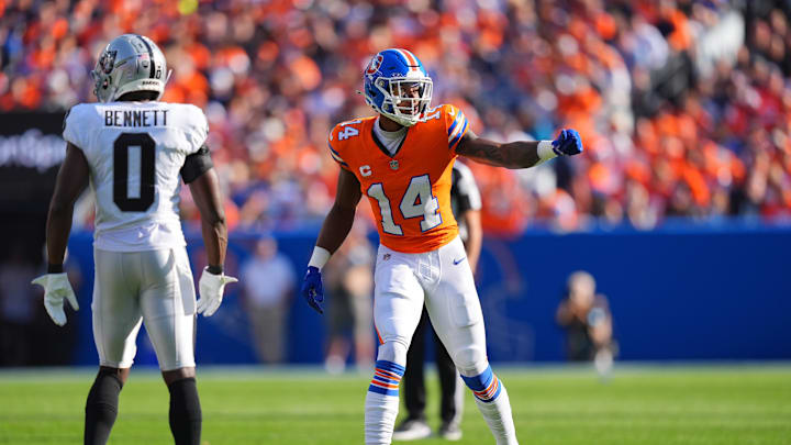 Oct 6, 2024; Denver, Colorado, USA; Denver Broncos wide receiver Courtland Sutton (14) checks off in the second half against the Las Vegas Raiders at Empower Field at Mile High. Mandatory Credit: Ron Chenoy-Imagn Images Oct 6, 2024; Denver, Colorado, USA; Denver Broncos wide receiver Courtland Sutton (14) checks off in the second half against the Las Vegas Raiders at Empower Field at Mile High. Mandatory Credit: Ron Chenoy-Imagn Images