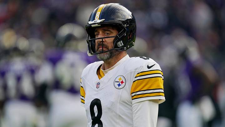 Dec 7, 2025; Baltimore, Maryland, USA; Pittsburgh Steelers quarterback Aaron Rodgers (8) reacts after a play against the Baltimore Ravens during the second half at M&T Bank Stadium. Mandatory Credit: Mitch Stringer-Imagn Images