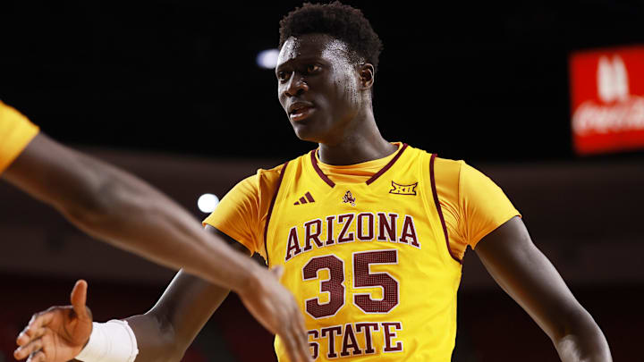 Jan 10, 2026; Tempe, Arizona, USA; Arizona State Sun Devils center Massamba Diop (35) celebrates a play against the Kansas State Wildcats in the first half at Desert Financial Arena. Mandatory Credit: Mark J. Rebilas-Imagn Images