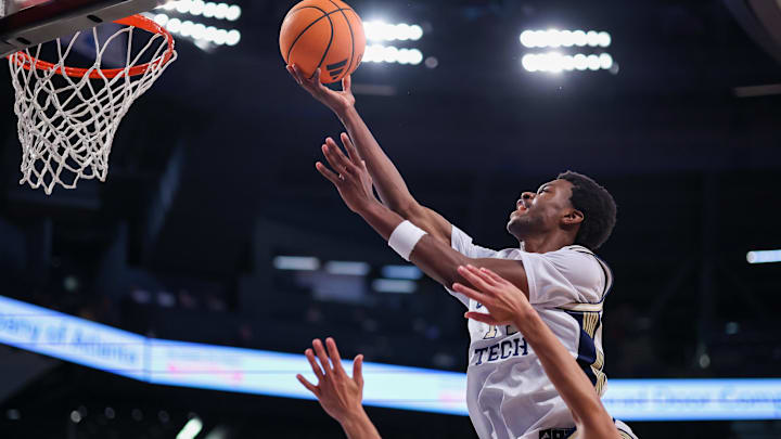 Jan 3, 2026; Atlanta, Georgia, USA; Georgia Tech Yellow Jackets forward Kowacie Reeves Jr. (14) shoots against the Boston College Eagles in the second half at McCamish Pavilion. Mandatory Credit: Brett Davis-Imagn Images
Jan 3, 2026; Atlanta, Georgia, USA; Georgia Tech Yellow Jackets forward Kowacie Reeves Jr. (14) shoots against the Boston College Eagles in the second half at McCamish Pavilion. Mandatory Credit: Brett Davis-Imagn Images