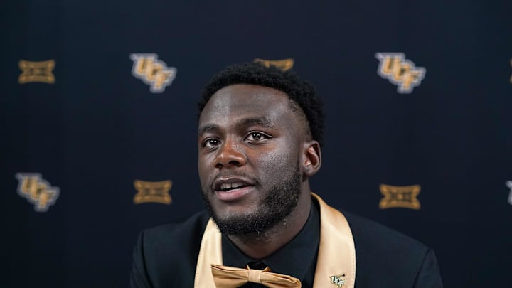 Jul 8, 2025; Frisco, TX, USA; UCF defensive end Nyjalik Kelly answers questions from the media during 2025 Big 12 Football Media Days at The Star. Mandatory Credit: Raymond Carlin III-Imagn Images Jul 8, 2025; Frisco, TX, USA; UCF defensive end Nyjalik Kelly answers questions from the media during 2025 Big 12 Football Media Days at The Star. Mandatory Credit: Raymond Carlin III-Imagn Images