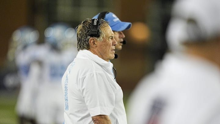 Sep 6, 2025; Charlotte, North Carolina, USA; North Carolina Tar Heels head coach Bill Belichick looks on at this team during the second half against the Charlotte 49ers at Jerry Richardson Stadium. Mandatory Credit: Jim Dedmon-Imagn Images