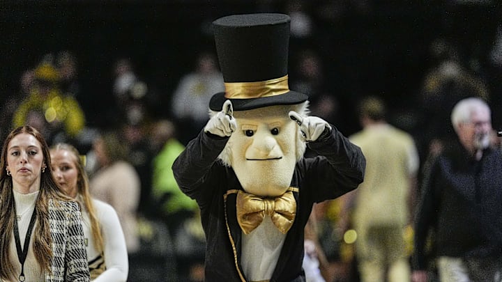 Feb 12, 2025; Winston-Salem, North Carolina, USA; Wake Forest Demon Deacons mascot during the first half against the Florida State Seminoles at Lawrence Joel Veterans Memorial Coliseum. 