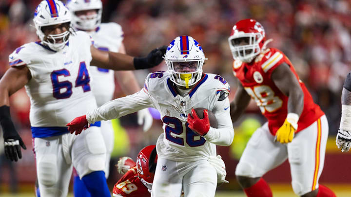 Jan 26, 2025; Kansas City, MO, USA; Buffalo Bills running back Ty Johnson (26) against the Kansas City Chiefs during the AFC Championship game at GEHA Field at Arrowhead Stadium. Mandatory Credit: Mark J. Rebilas-Imagn Images