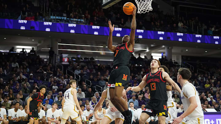 Feb 18, 2026; Evanston, Illinois, USA; Maryland Terrapins guard Andre Mills (7) scores against the Maryland Terrapins during the first half at Welsh-Ryan Arena. Mandatory Credit: David Banks-Imagn Images Feb 18, 2026; Evanston, Illinois, USA; Maryland Terrapins guard Andre Mills (7) scores against the Maryland Terrapins during the first half at Welsh-Ryan Arena. Mandatory Credit: David Banks-Imagn Images