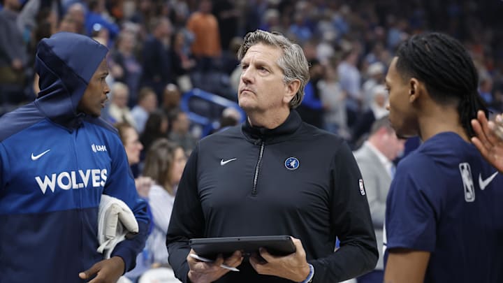 Feb 24, 2025; Oklahoma City, Oklahoma, USA; Minnesota Timberwolves head coach Chris Finch talks to his team before the start of a game against the Oklahoma City Thunder at Paycom Center. Mandatory Credit: Alonzo Adams-Imagn Images