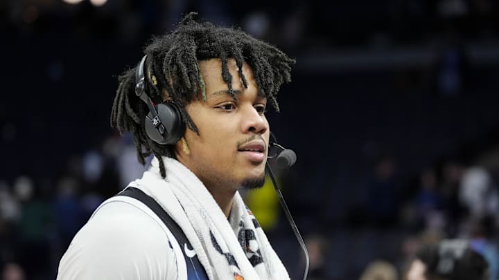 Feb 13, 2025; Minneapolis, Minnesota, USA; Minnesota Timberwolves guard Terrence Shannon Jr. (00) takes part in an interview after defeating the Oklahoma City Thunder at Target Center. Mandatory Credit: Bruce Kluckhohn-Imagn Images Feb 13, 2025; Minneapolis, Minnesota, USA; Minnesota Timberwolves guard Terrence Shannon Jr. (00) takes part in an interview after defeating the Oklahoma City Thunder at Target Center. Mandatory Credit: Bruce Kluckhohn-Imagn Images