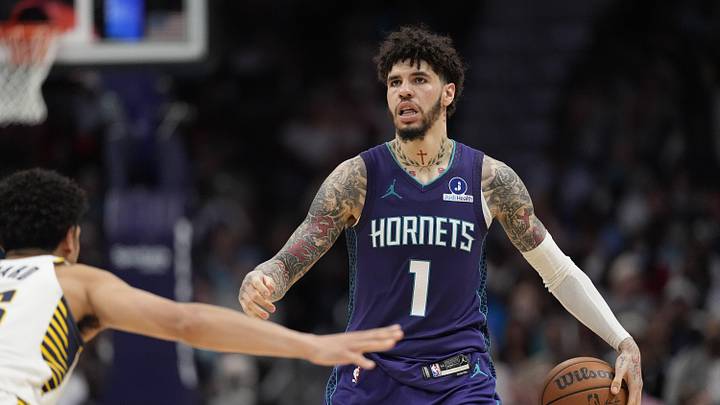 Apr 3, 2026; Charlotte, North Carolina, USA; Charlotte Hornets guard LaMelo Ball (1) brings the ball up court against the Indiana Pacers during the second half at Spectrum Center. Mandatory Credit: Jim Dedmon-Imagn Images