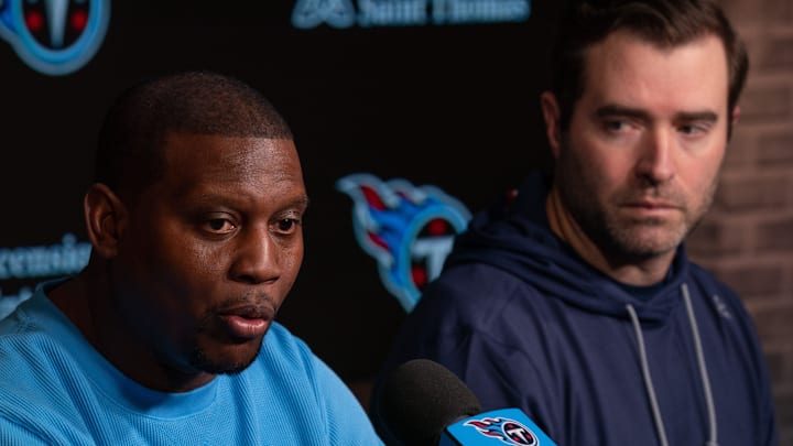 Tennessee Titans Defensive Coordinator Dennard Wilson, left, fields questions with Head Coach Brian Callahan at Ascension Saint Thomas Sports Park in Nashville, Tenn., Wednesday, Feb. 14, 2024. Tennessee Titans Defensive Coordinator Dennard Wilson, left, fields questions with Head Coach Brian Callahan at Ascension Saint Thomas Sports Park in Nashville, Tenn., Wednesday, Feb. 14, 2024.