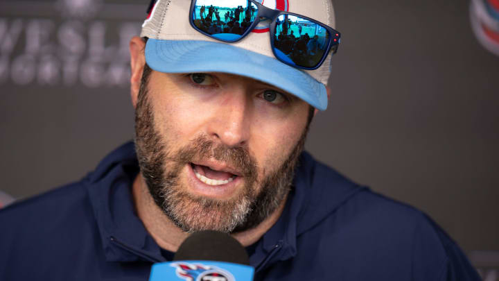 Tennessee Titans Head Coach Brian Callahan fields questions during rookie minicamp at Ascension Saint Thomas Sports Park in Nashville, Tenn., Friday, May 10, 2024.