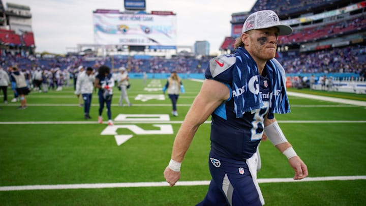 Tennessee Titans quarterback Will Levis (8) exits the field after the loss to the Minnesota Vikings at Nissan Stadium in Nashville, Tenn., Sunday, Nov. 17, 2024.