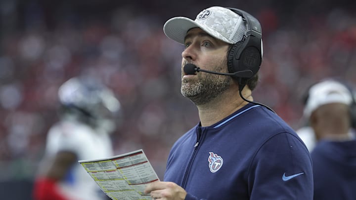 Nov 24, 2024; Houston, Texas, USA; Tennessee Titans head coach Brian Callahan looks up from the sideline during the third quarter against the Houston Texans at NRG Stadium. Mandatory Credit: Troy Taormina-Imagn Images