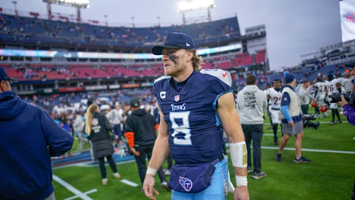 Tennessee Titans quarterback Will Levis (8) leaves the field after the game against the Cincinnati Bengals at Nissan Stadium in Nashville, Tenn., Sunday, Dec. 15, 2024. Tennessee Titans quarterback Will Levis (8) leaves the field after the game against the Cincinnati Bengals at Nissan Stadium in Nashville, Tenn., Sunday, Dec. 15, 2024.