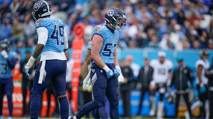Tennessee Titans linebacker Luke Gifford (57) celebrates a stop during the first quarter at Nissan Stadium in Nashville, Tenn., Sunday, Dec. 8, 2024. Tennessee Titans linebacker Luke Gifford (57) celebrates a stop during the first quarter at Nissan Stadium in Nashville, Tenn., Sunday, Dec. 8, 2024.