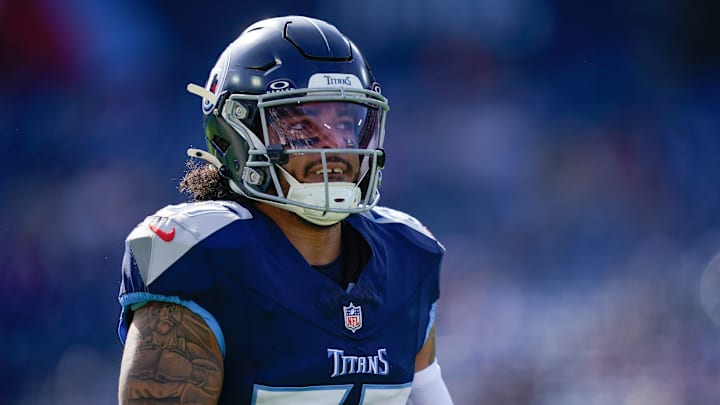 Tennessee Titans safety Amani Hooker (37) warms up before facing the Minnesota Vikings at Nissan Stadium in Nashville, Tenn., Sunday, Nov. 17, 2024.