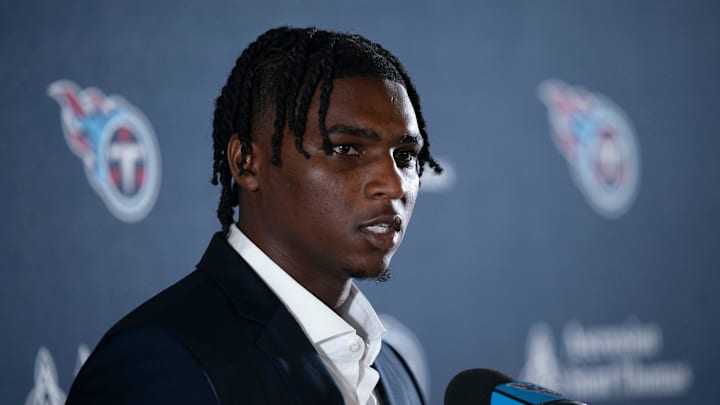 Cam Ward fields questions after being introduced as the Tennessee Titans first-round pick. Mandatory Credit: The Tennessean/USA TODAY NETWORK via Imagn Images
