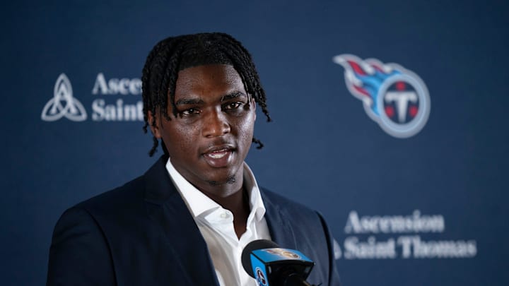 Cam Ward fields questions after being introduced as the Tennessee Titans first-round pick. Mandatory Credit: The Tennessean/USA TODAY NETWORK via Imagn Images