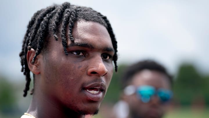 Tennessee Titans quarterback Cam Ward speaks with the media during OTAs.