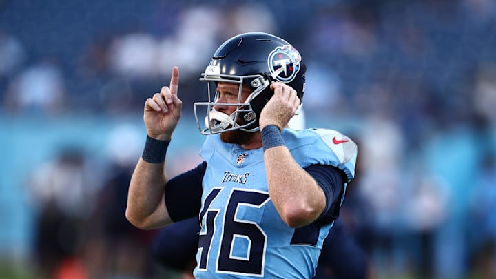Tennessee Titans long snapper Morgan Cox before the game against the Seattle Seahawks. Mandatory Credit: Casey Gower-Imagn Images Tennessee Titans long snapper Morgan Cox before the game against the Seattle Seahawks. Mandatory Credit: Casey Gower-Imagn Images