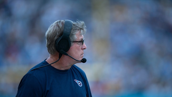 Tennessee Titans Offensive Line Coach Bill Callahan works his sideline during their game against the Green Bay Packers at Nissan Stadium in Nashville, Tenn., Sunday, Sept. 22, 2024.