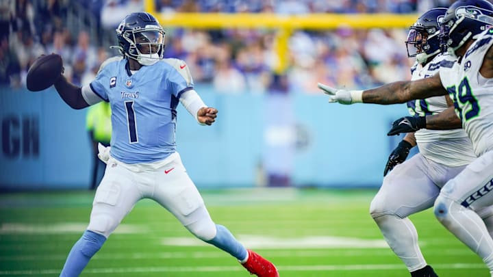Tennessee Titans quarterback Cam Ward (1) looks to pass during the fourth quarter against the Seattle Seahawks at Nissan Stadium in Nashville, Tenn., Sunday, Nov. 23, 2025.