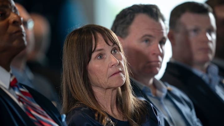 Tennessee Titans owner Amy Adams Strunk, second left, listens as Cam Ward fields questions from the media after being introduced as the Tennessee Titans first-round pick – and overall number one pick – in the NFL Draft at Ascension Saint Thomas Sports Park in Nashville, Tenn., Friday, April 25, 2025.