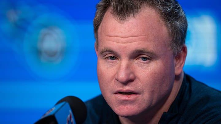 Tennessee Titans General Manager Mike Borgonzi fields questions from the media