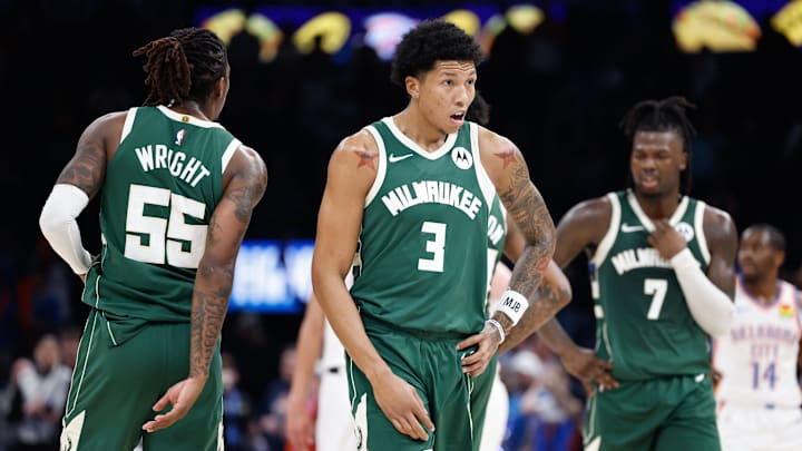 Feb 3, 2025; Oklahoma City, Oklahoma, USA; Milwaukee Bucks forward MarJon Beauchamp (3) walks down the court after a play against the Oklahoma City Thunder during the second half at Paycom Center. Mandatory Credit: Alonzo Adams-Imagn Images Feb 3, 2025; Oklahoma City, Oklahoma, USA; Milwaukee Bucks forward MarJon Beauchamp (3) walks down the court after a play against the Oklahoma City Thunder during the second half at Paycom Center. Mandatory Credit: Alonzo Adams-Imagn Images