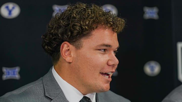 BYU defensive lineman Keanu Tanuvasa answers questions from the media during 2025 Big 12 Football Media Days at The Star.