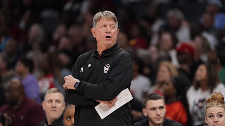 Nov 10, 2024; Charlotte, NC, USA; NC State Wolfpack head coach Wes Moore during the first half against the South Carolina Gamecocks at the Ally Tip Off at Spectrum Center. Mandatory Credit: Jim Dedmon-Imagn Images
