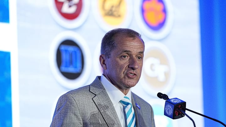 Oct 9, 2024; Charlotte, NC, USA; ACC commissioner Jim Phillips during ACC Media Days at The Hilton Charlotte Uptown. Mandatory Credit: Jim Dedmon-Imagn Images Oct 9, 2024; Charlotte, NC, USA; ACC commissioner Jim Phillips during ACC Media Days at The Hilton Charlotte Uptown. Mandatory Credit: Jim Dedmon-Imagn Images