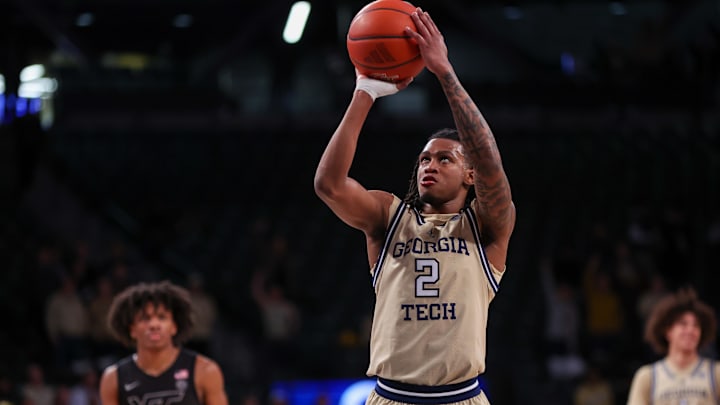 Jan 22, 2025; Atlanta, Georgia, USA; Georgia Tech Yellow Jackets guard Javian McCollum (2) shoots a free throw against the Virginia Tech Hokies in the second half at McCamish Pavilion. Mandatory Credit: Brett Davis-Imagn Images