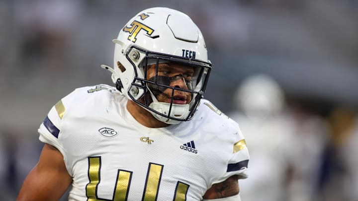 Aug 31, 2024; Atlanta, Georgia, USA; Georgia Tech Yellow Jackets linebacker Kyle Efford (44) warms up before a game against Georgia State Panthers at Bobby Dodd Stadium at Hyundai Field. Mandatory Credit: Brett Davis-Imagn Images