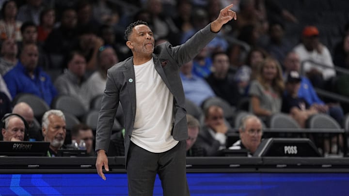 Mar 12, 2025; Charlotte, NC, USA; Virginia Cavaliers head coach Ron Sanchez signals to his team during the second half against the Virginia Cavaliers at Spectrum Center. Mandatory Credit: Jim Dedmon-Imagn Images