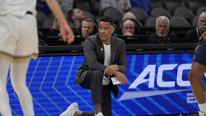 Mar 12, 2025; Charlotte, NC, USA; Georgia Tech Yellow Jackets head coach Damon Stoudamire on the sideline during the first half against the Virginia Cavaliers at Spectrum Center. Mandatory Credit: Jim Dedmon-Imagn Images