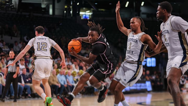 Dec 3, 2025; Atlanta, Georgia, USA; Mississippi State Bulldogs guard Ja'Borri McGhee (2) drives past Georgia Tech Yellow Jackets guard Lamar Washington (1) in the first half at McCamish Pavilion. Mandatory Credit: Brett Davis-Imagn Images Dec 3, 2025; Atlanta, Georgia, USA; Mississippi State Bulldogs guard Ja'Borri McGhee (2) drives past Georgia Tech Yellow Jackets guard Lamar Washington (1) in the first half at McCamish Pavilion. Mandatory Credit: Brett Davis-Imagn Images