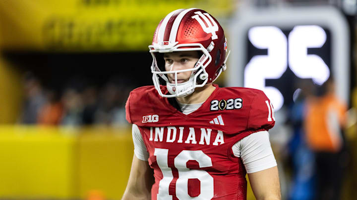 Jan 19, 2026; Miami Gardens, FL, USA; Indiana Hoosiers quarterback Alberto Mendoza (16) against the Miami Hurricanes in the College Football Playoff National Championship game at Hard Rock Stadium. Mandatory Credit: Mark J. Rebilas-Imagn Images