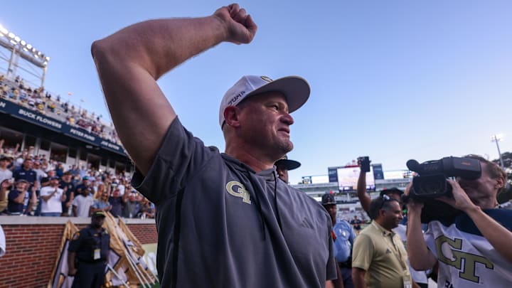 Oct 11, 2025; Atlanta, Georgia, USA; Georgia Tech Yellow Jackets head coach Brent Key celebrates after a victory over the Virginia Tech Hokies at Bobby Dodd Stadium at Hyundai Field. Mandatory Credit: Brett Davis-Imagn Images
