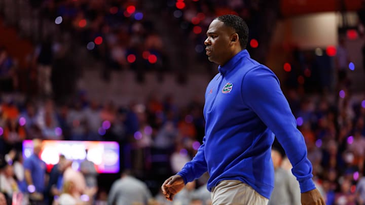 Jan 24, 2026; Gainesville, Florida, USA; Florida Gators associate head coach Korey McCray walks on the court against the Auburn Tigers during the second half at Exactech Arena at the Stephen C. O'Connell Center. Mandatory Credit: Matt Pendleton-Imagn Images