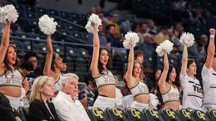 Mar 4, 2026; Atlanta, Georgia, USA; Georgia Tech Yellow Jackets cheerleaders during the game against the California Golden Bears during the first half at McCamish Pavilion. Mandatory Credit: Jordan Godfree-Imagn Images