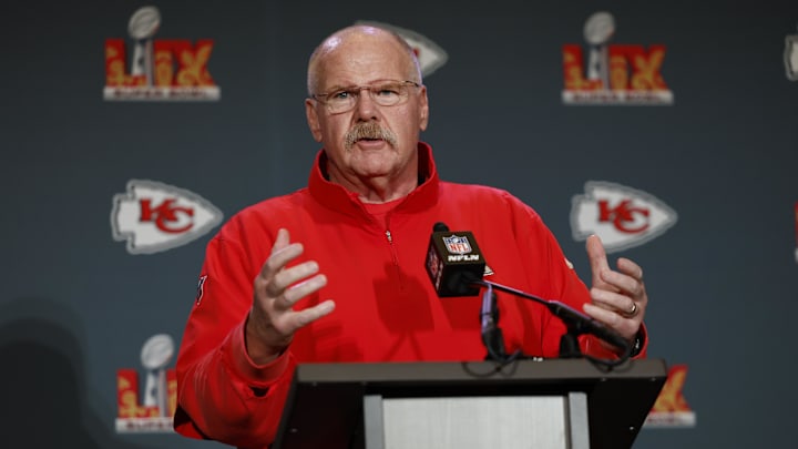 Feb 6, 2025; New Orleans, LA, USA;  Kansas City Chiefs head coach Andy Reid during a press conference in advance of Super Bowl LIX at New Orleans Marriott. Mandatory Credit: Stephen Lew-Imagn Images