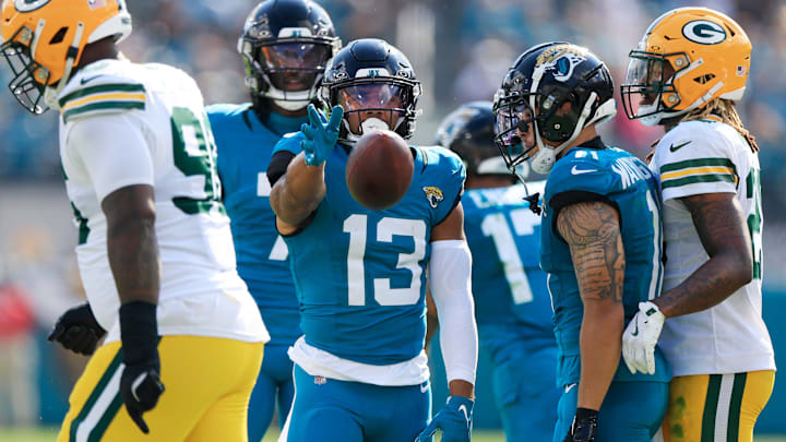 Jacksonville Jaguars wide receiver Christian Kirk (13) signals a first down during the third quarter of an NFL football matchup Sunday, Oct. 27, 2024 at EverBank Stadium in Jacksonville, Fla. The Packers edged the Jaguars 30-27 on a last-second field goal. [Corey Perrine/Florida Times-Union]