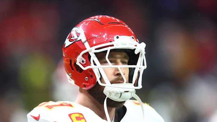Feb 9, 2025; New Orleans, LA, USA;  Kansas City Chiefs tight end Travis Kelce (87) warms up before playing against the Philadelphia Eagles in Super Bowl LIX at Ceasars Superdome. Mandatory Credit: Mark J. Rebilas-Imagn Images