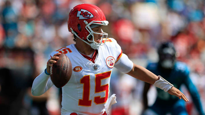 Kansas City Chiefs quarterback Patrick Mahomes (15) looks to pass during the third quarter of a NFL football game Sunday, Sept. 17, 2023 at EverBank Stadium in Jacksonville, Fla. The Kansas City Chiefs defeated the Jacksonville Jaguars 17-9. [Corey Perrine/Florida Times-Union]