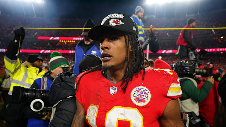 Jan 26, 2025; Kansas City, MO, USA; Kansas City Chiefs running back Isiah Pacheco (10) reacts after the AFC Championship game against the Buffalo Bills at GEHA Field at Arrowhead Stadium. Mandatory Credit: Denny Medley-Imagn Images