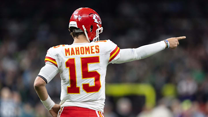 Feb 9, 2025; New Orleans, LA, USA;  Detailed view of the jersey of Kansas City Chiefs quarterback Patrick Mahomes (15) against the Philadelphia Eagles in Super Bowl LIX at Ceasars Superdome. Mandatory Credit: Mark J. Rebilas-Imagn Images