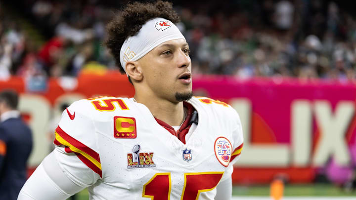 Feb 9, 2025; New Orleans, LA, USA;  Kansas City Chiefs quarterback Patrick Mahomes (15) against the Philadelphia Eagles in Super Bowl LIX at Ceasars Superdome. Mandatory Credit: Mark J. Rebilas-Imagn Images